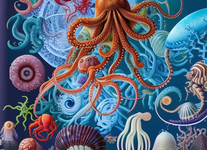 Detailed Illustration of Sea Life and Robot, Haeckel Style