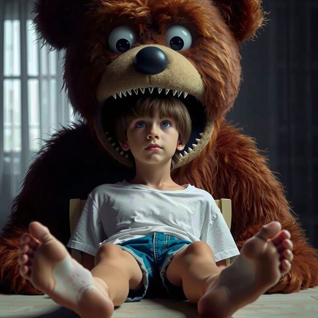 Gentle Bear and Young Boy in a Whimsical Forest Scene