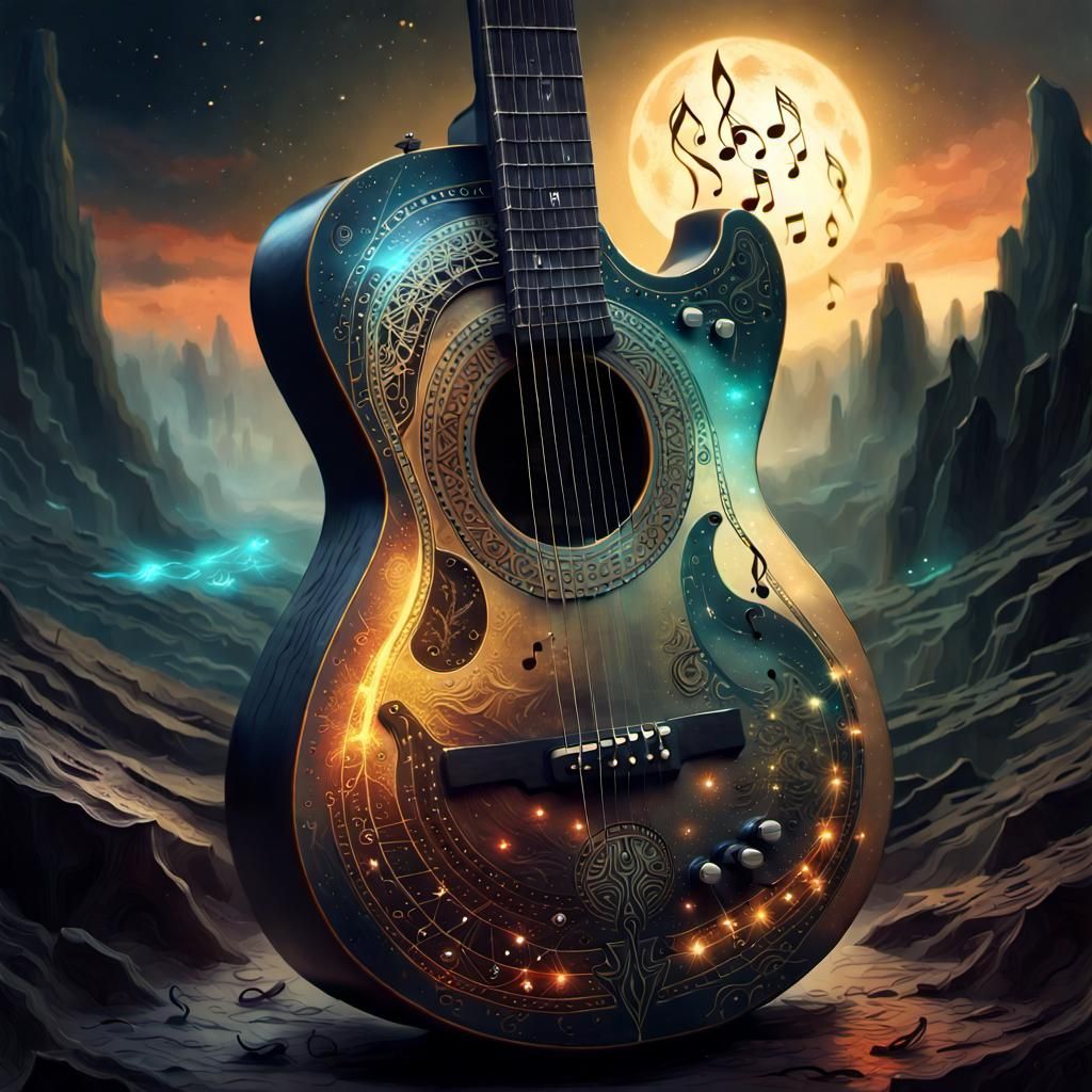 Guitar Landscape with Music Notation Elements