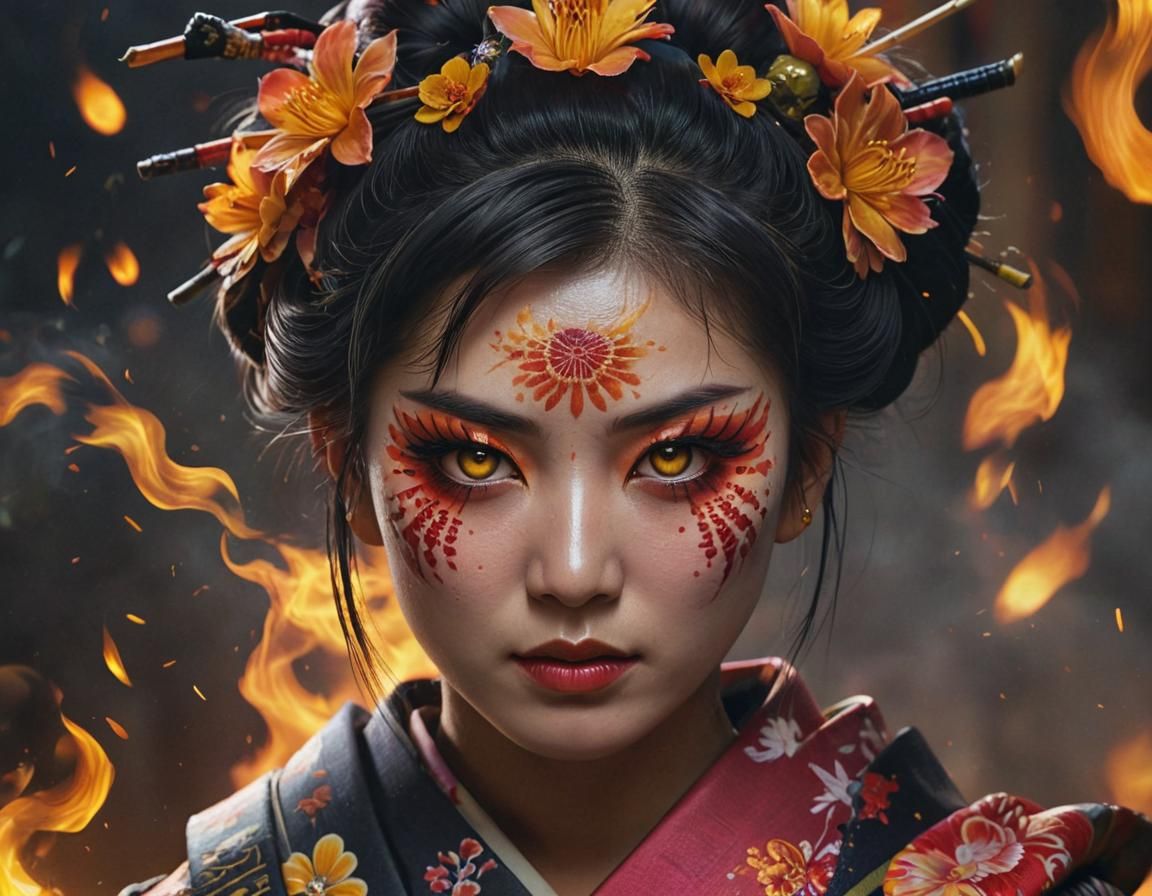 Geisha Warrior Portrait with Glowing Eyes