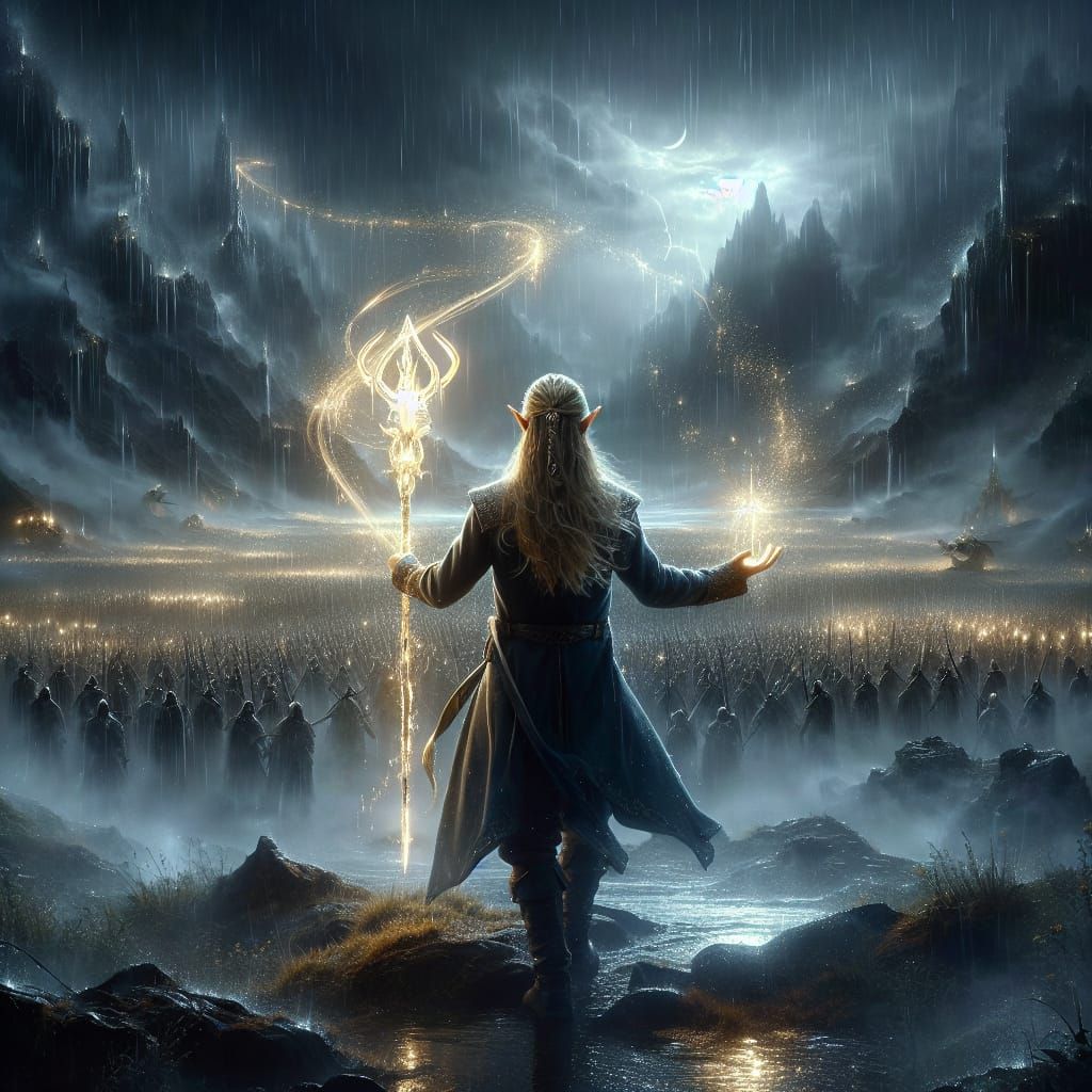 Elven Archer with Luminous Bow in Mystic Landscape