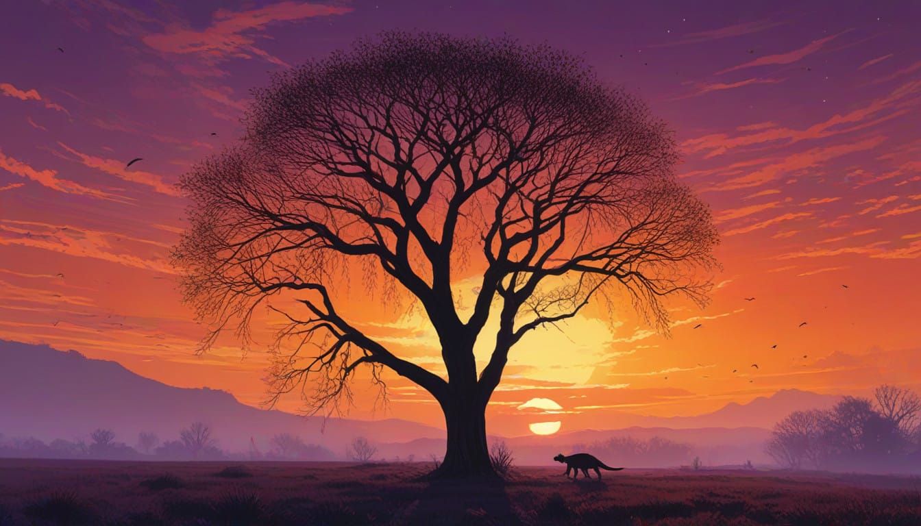 Surreal Sunset Landscape with Silhouette Willow Tree and Dis...