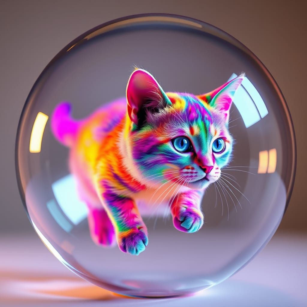 Surreal, Hyper-Realistic Rainbow Cat in a Glowing Glass Glob...