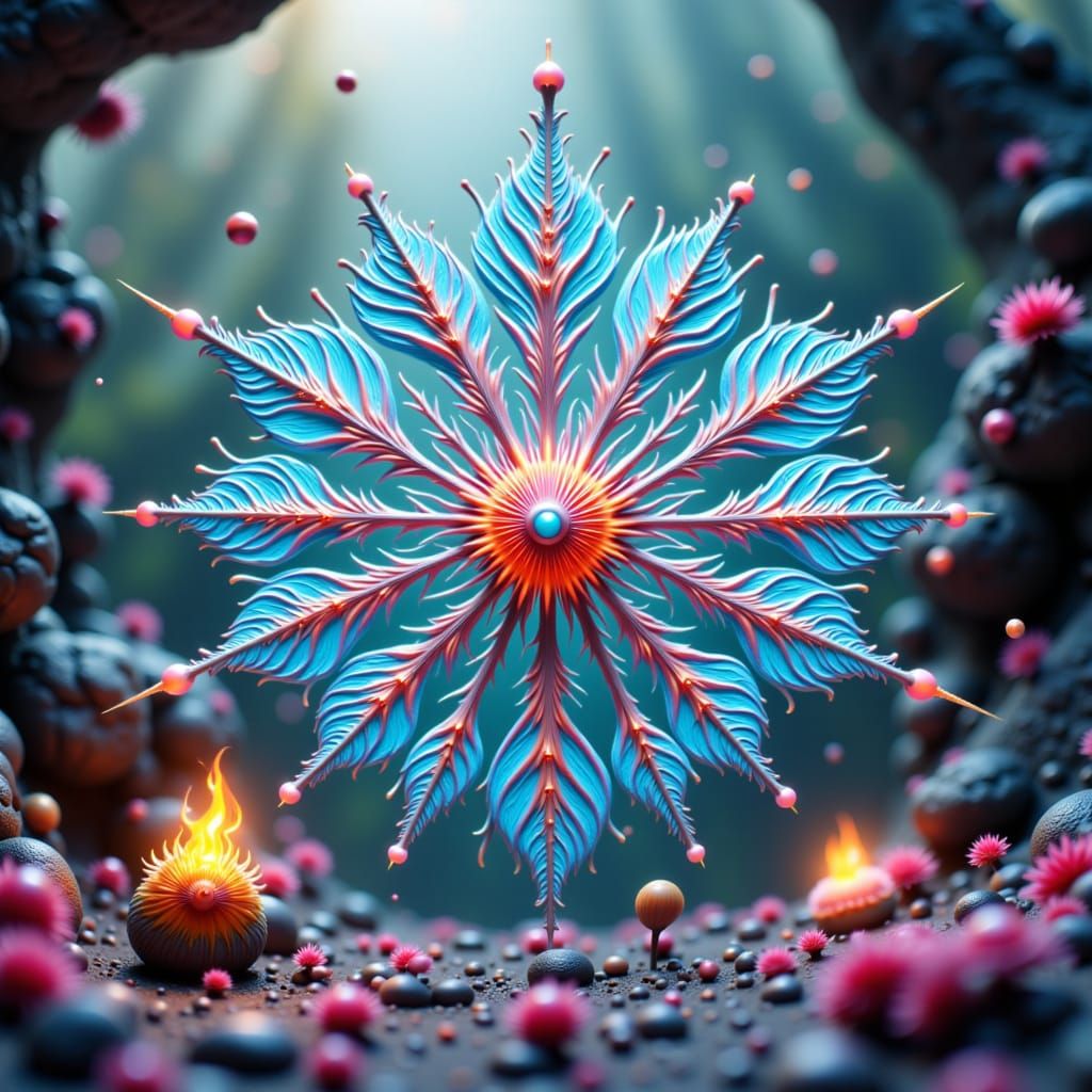 Kaleidoscope Snowflake Meets Flame Critter in Dreamy Style