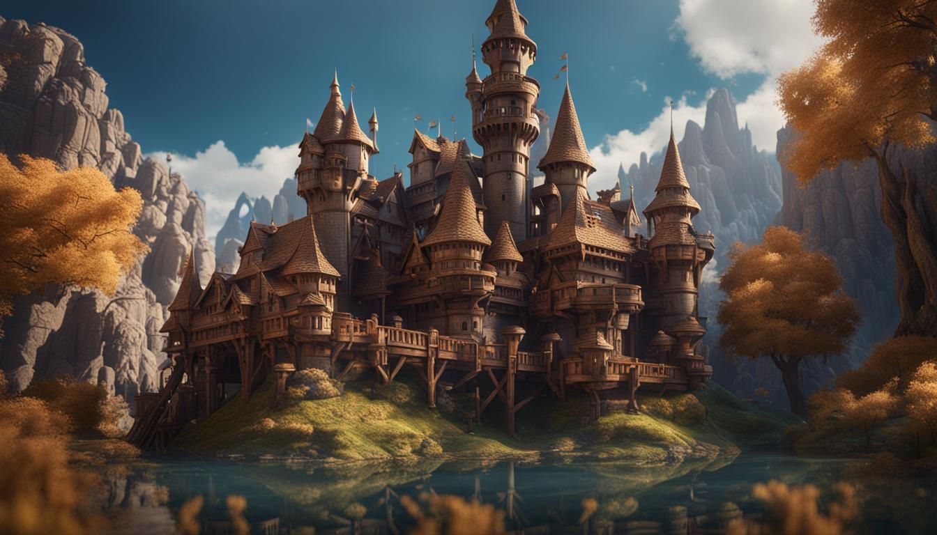 Fantastical Wooden Model Castle: Detailed Matte Painting