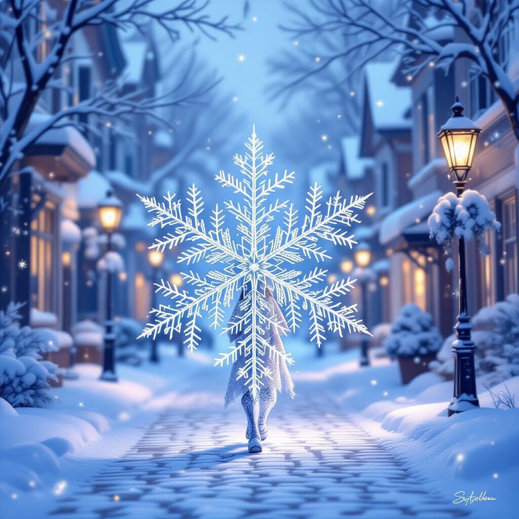 Anthropomorphic Snowflake Creature in Snowy Wonderland