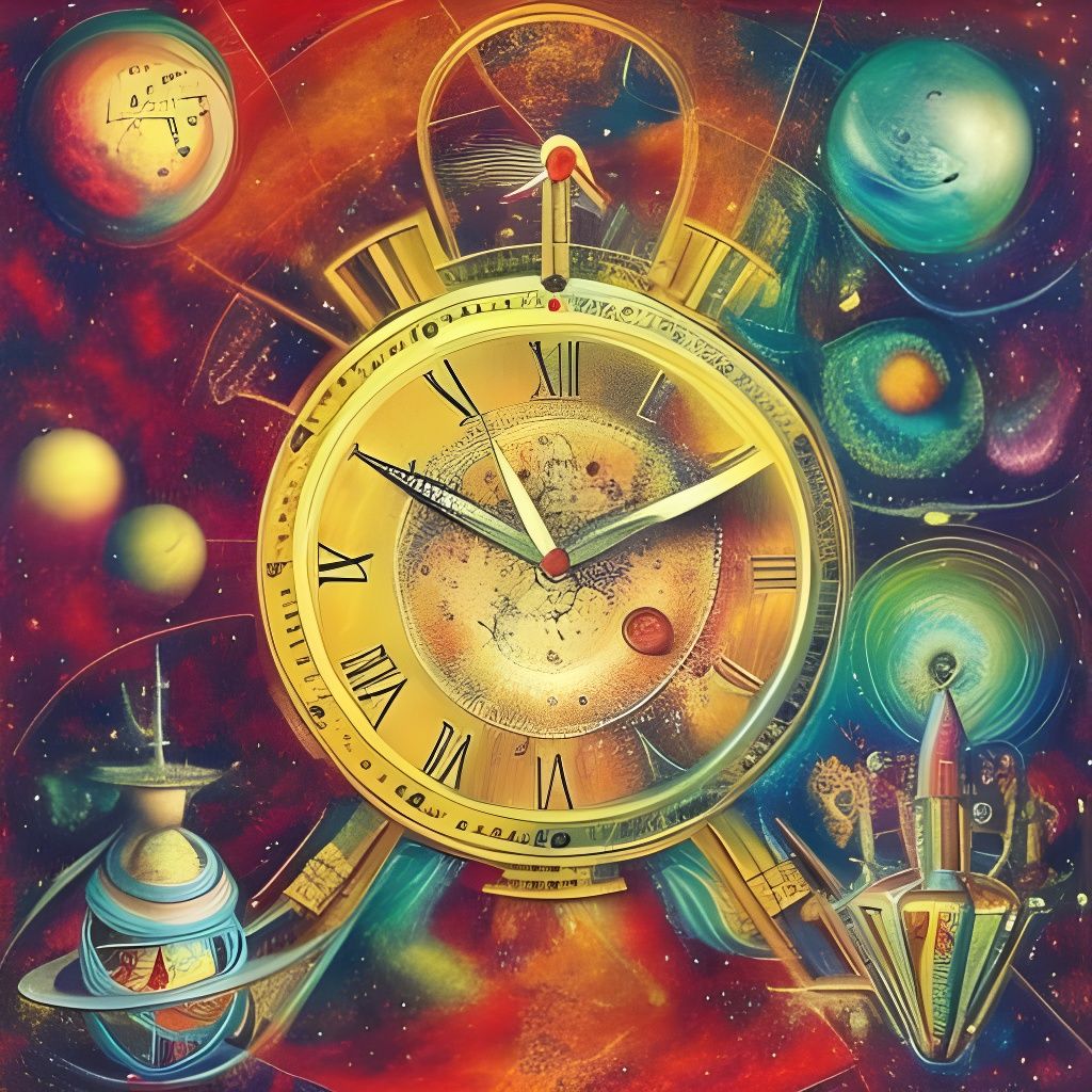 Cosmic Time Keeper: Vivid Mixed Media Illustration