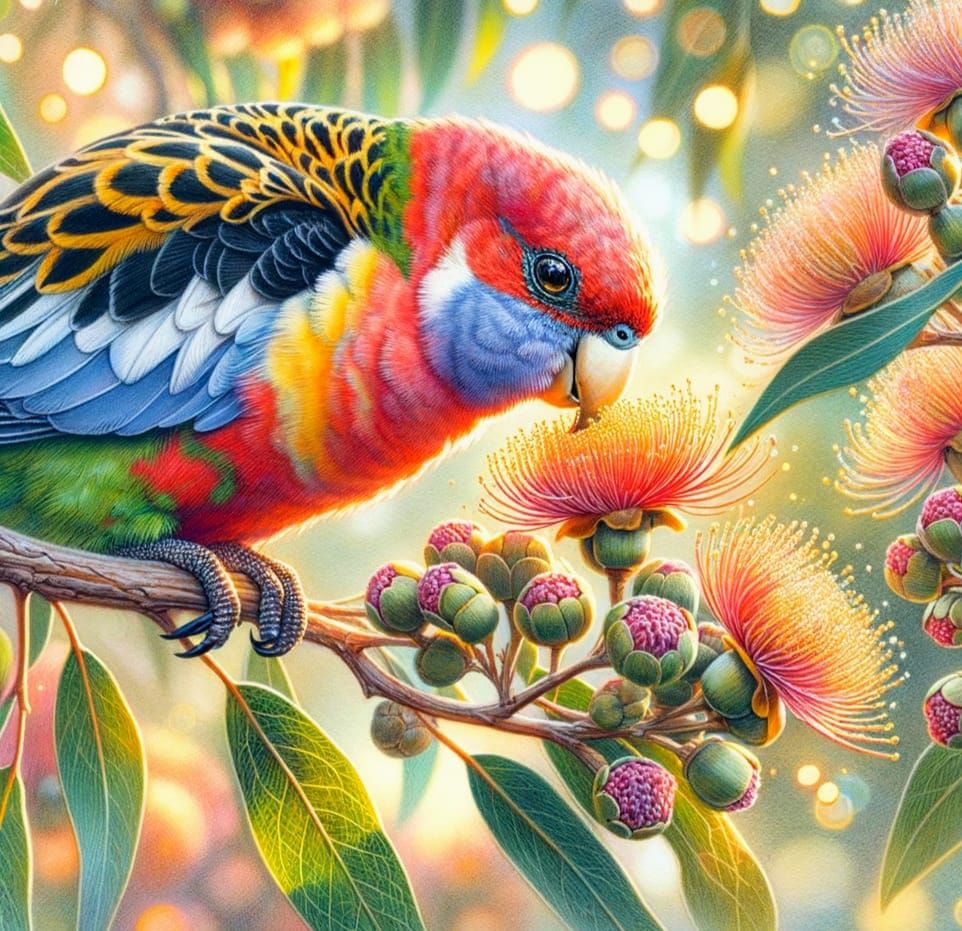 Eastern Rosella Parrot Sipping Nectar, Watercolour Painting