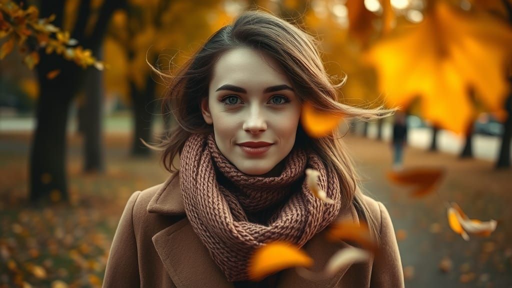 Autumn Portrait of Woman with Swirling Leaves
