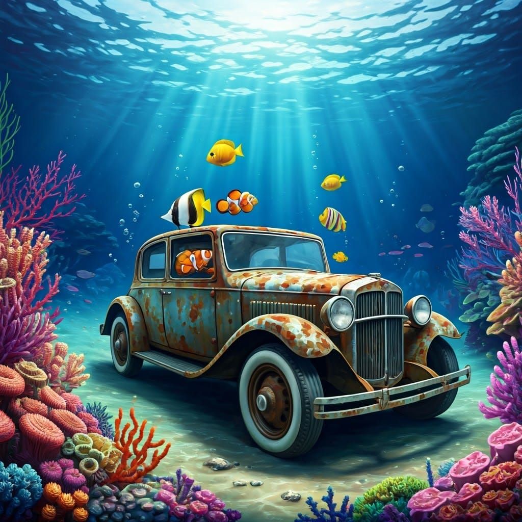 Underwater Seahorse Pulls Rusty Car: Chinese Ink Drawing