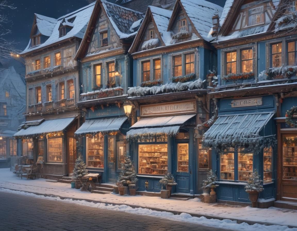 Charming German-Style Storefronts Under Snowy Blue Hour