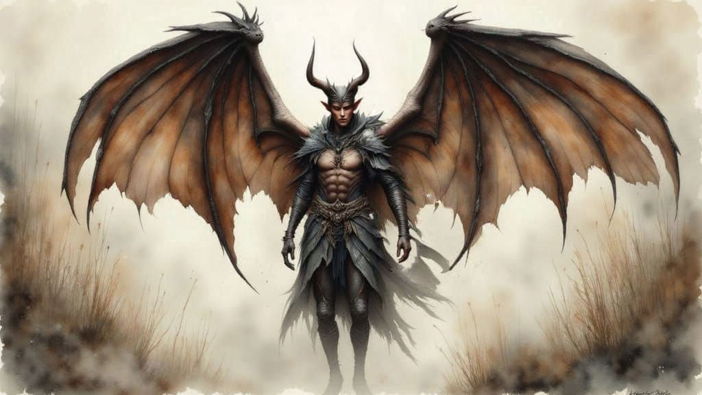 Antique Watercolor Tiefling With Wings Soars