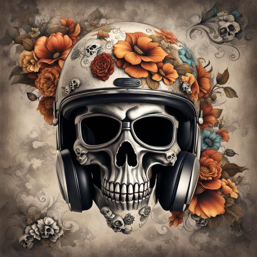 Steampunk Motorbike Helmet with Skulls and Flowers