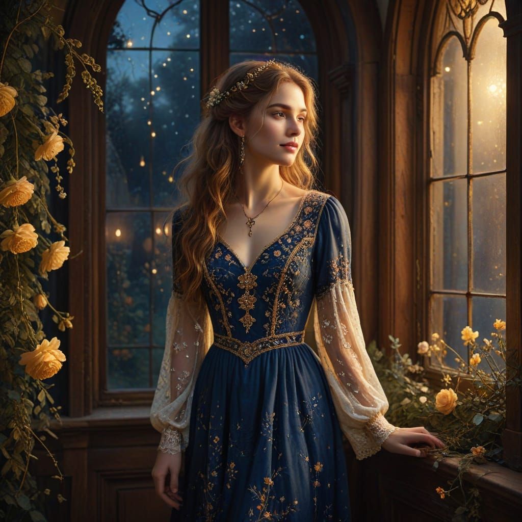 Victorian Bohemian Woman by Arched Window, Romanticism Oil P...