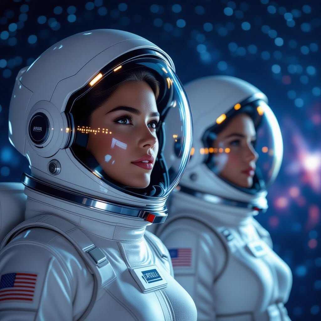 Women in Apollo Spacesuits in Deep Space