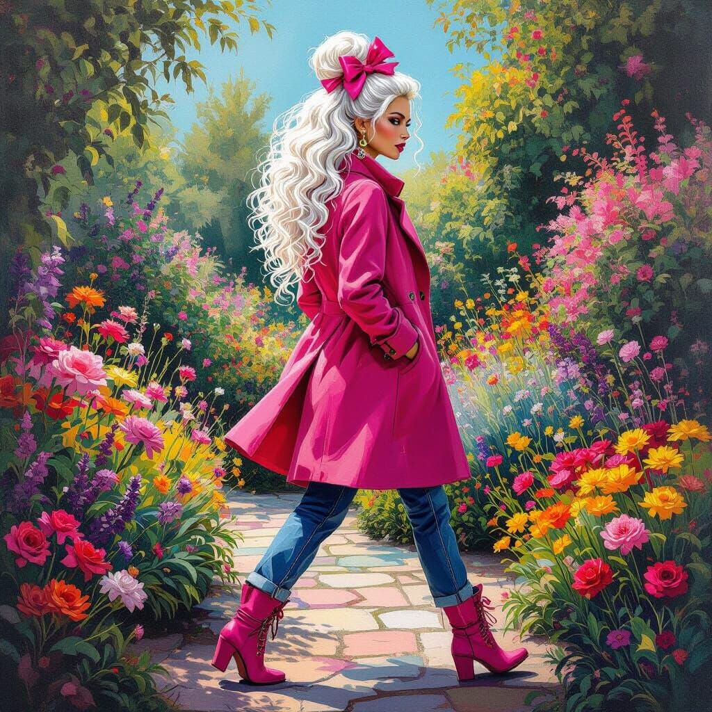 Glamorous Woman in Pink Coat in Surreal Garden