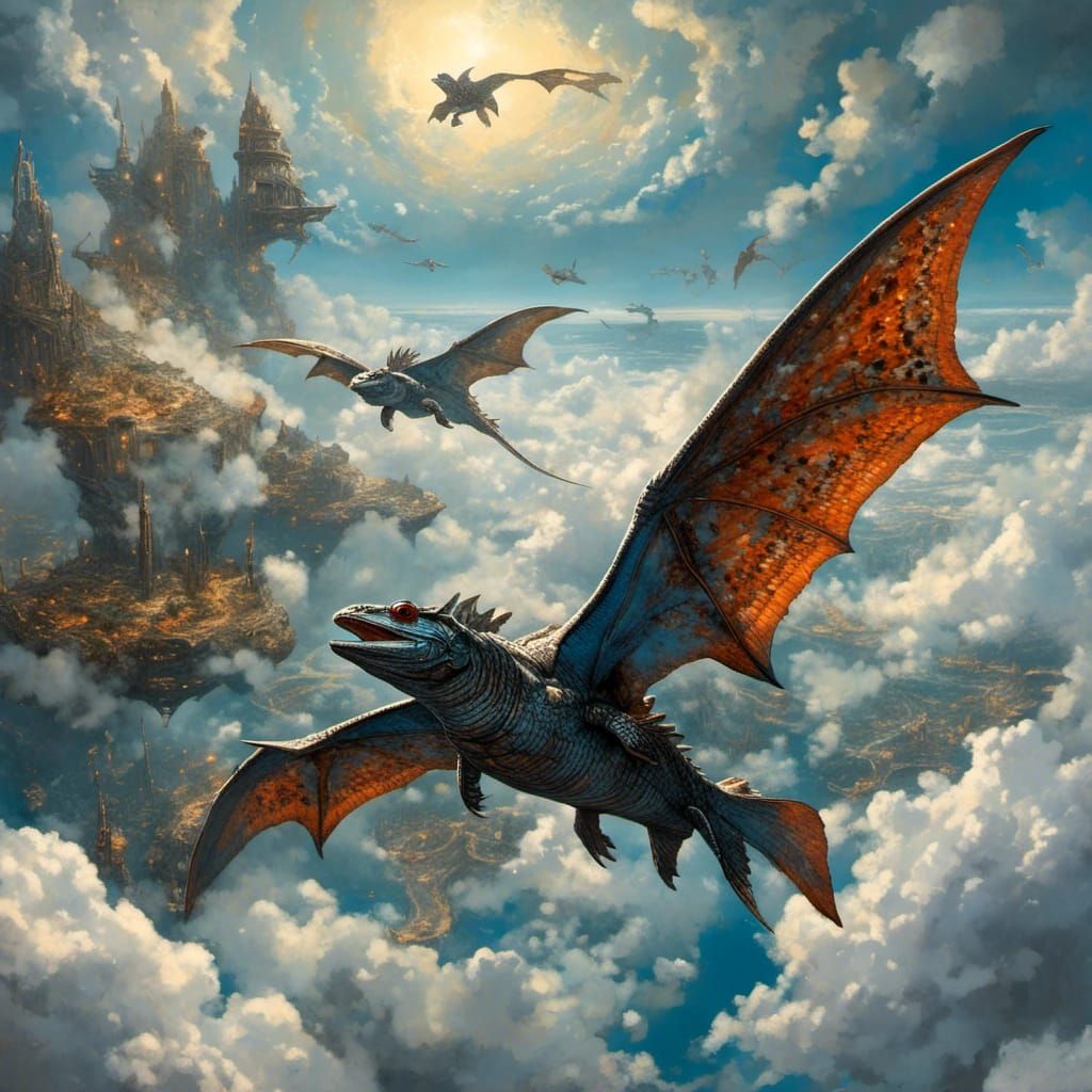 Coelacanth-Wyvern in Flight: Enchanted Seaside Adventure