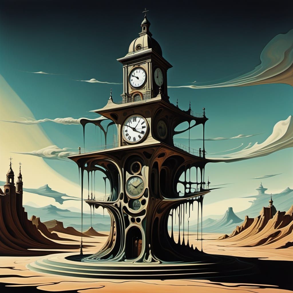 Surreal Melting Clock Tower Dreamscape with Biomorphic Forms