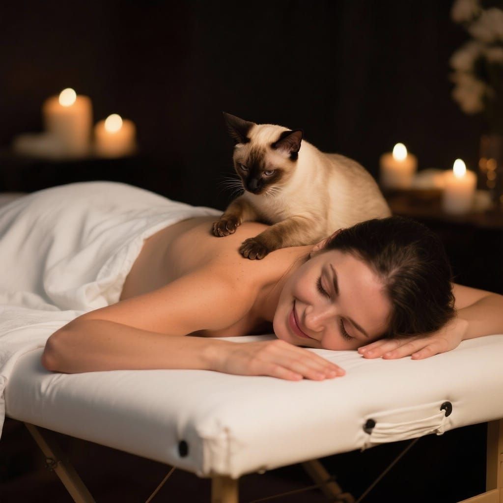 Siamese Cat Kneading Back on Massage Table