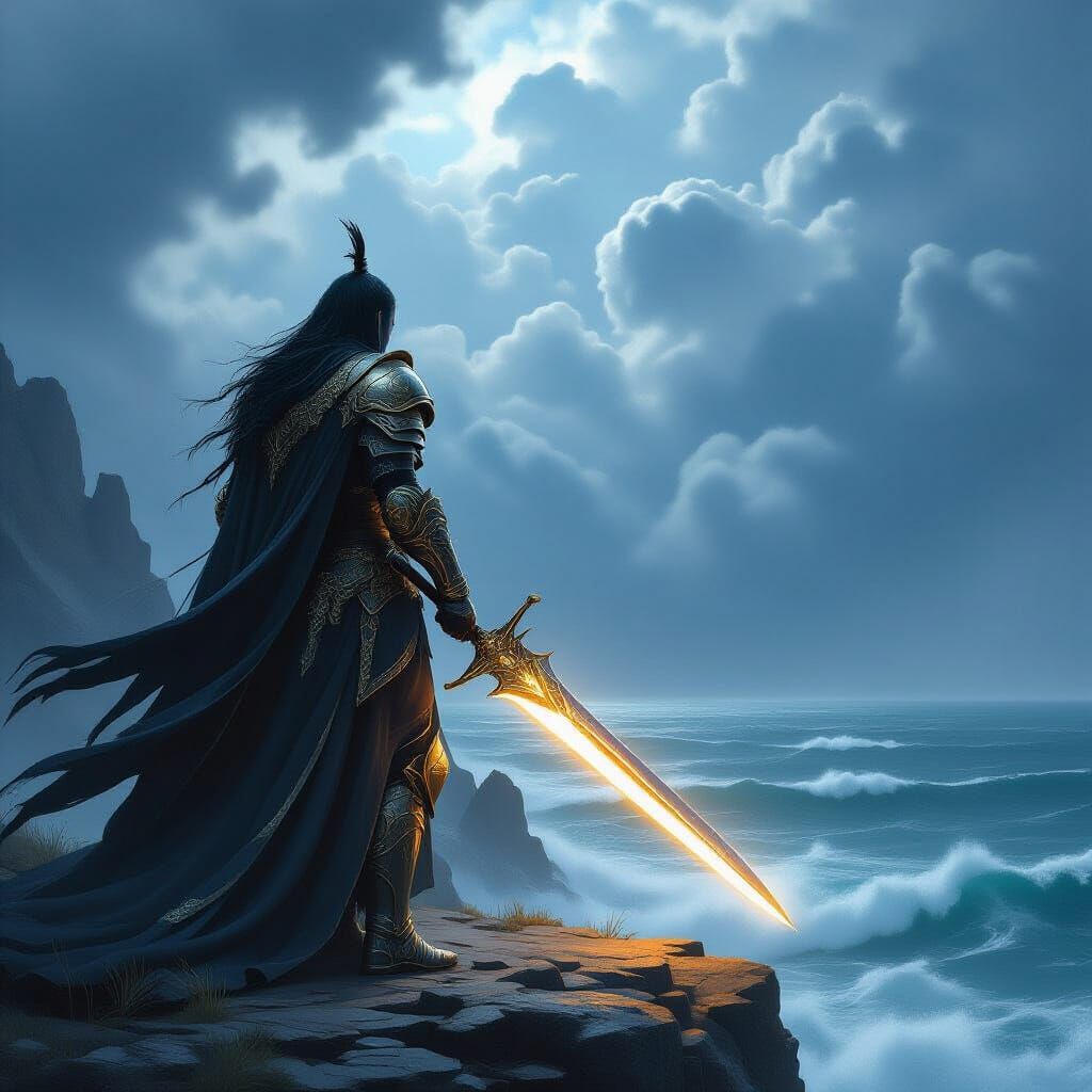 Ethereal Warrior on Windswept Cliff, Dark Fantasy Art