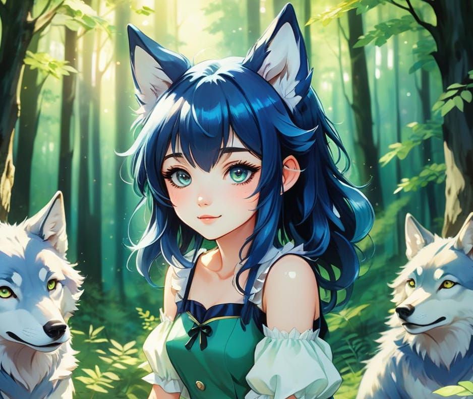 Anime Girl with Wolf Ears and Blue Hair