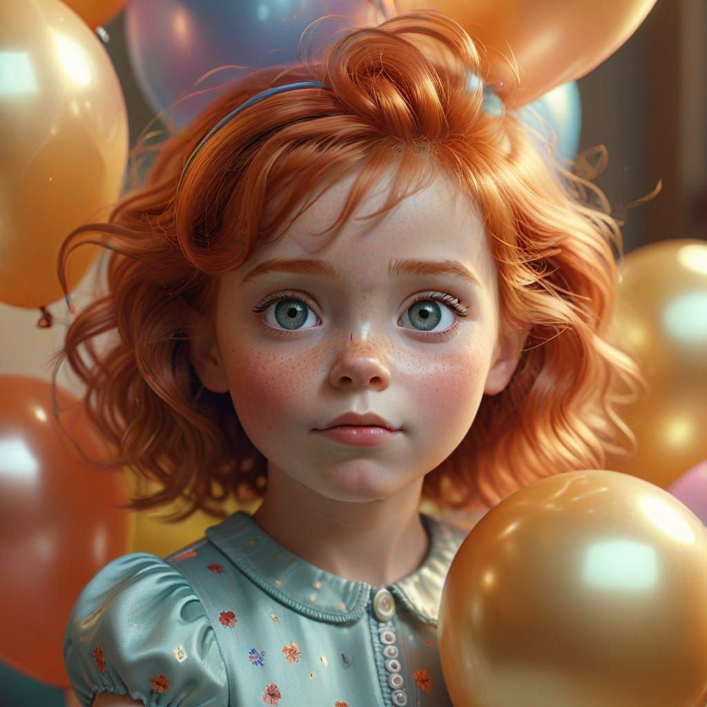 Redheaded Girl with Balloons in Pixar Style