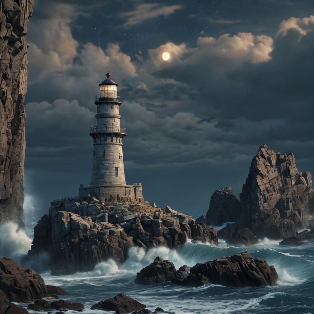 Dramatic Coastal Lighthouse at Night in Digital Art
