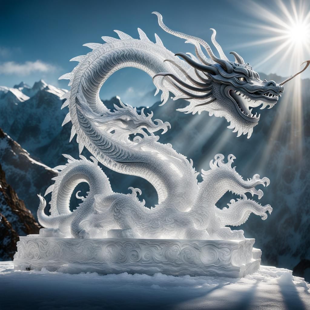Hyperrealistic Ice Dragon Sculpture Over Misty Mountains