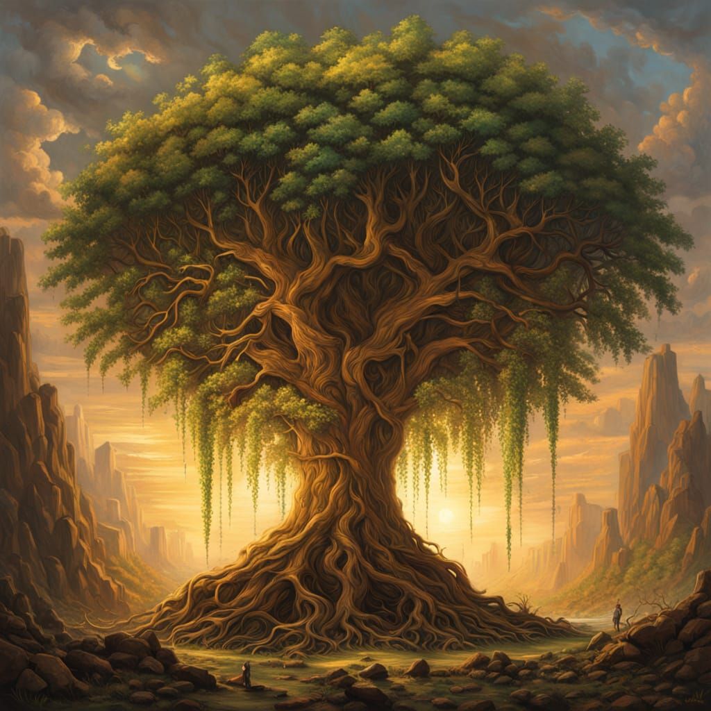 Ancient Tree Grows From Giant Pencil in Oil Painting Style
