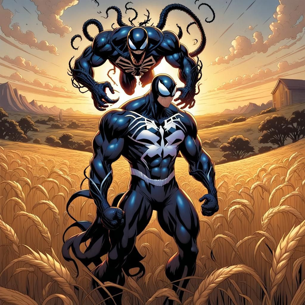Spider-Man and Venom in Golden Sunset Field