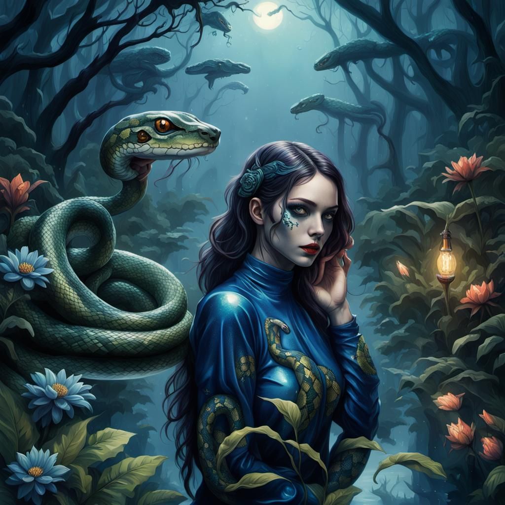 Girl with Snake in Holographic Jungle