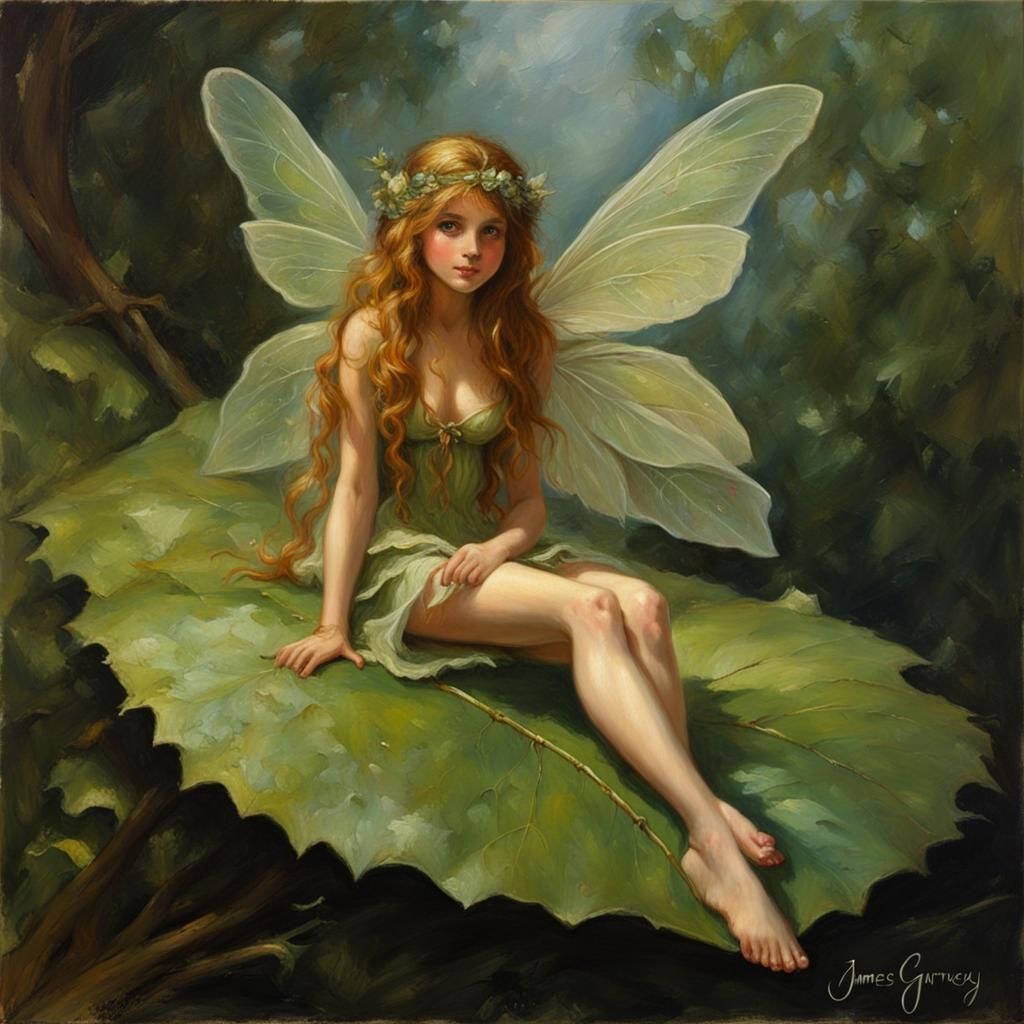 Fairy on Leaf in Oil Painting Style