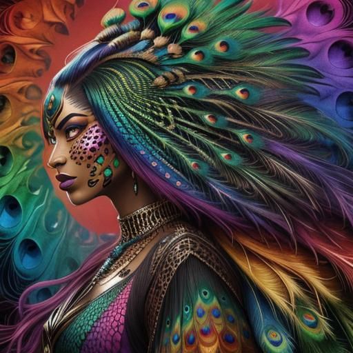Dragon Scale Woman with Peacock Hair, Abstract Art
