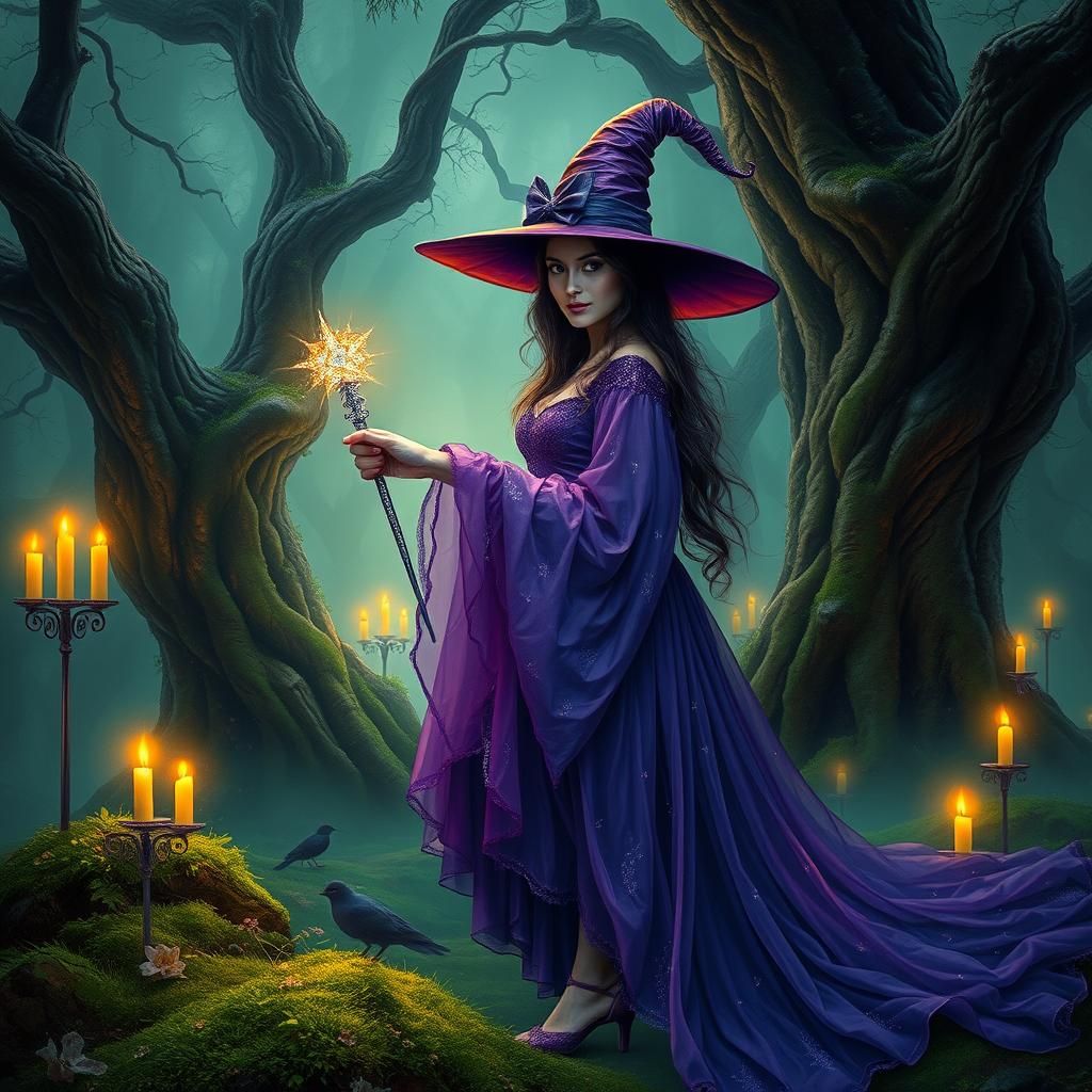 Enigmatic Witch in Violet Gown in Mystical Forest