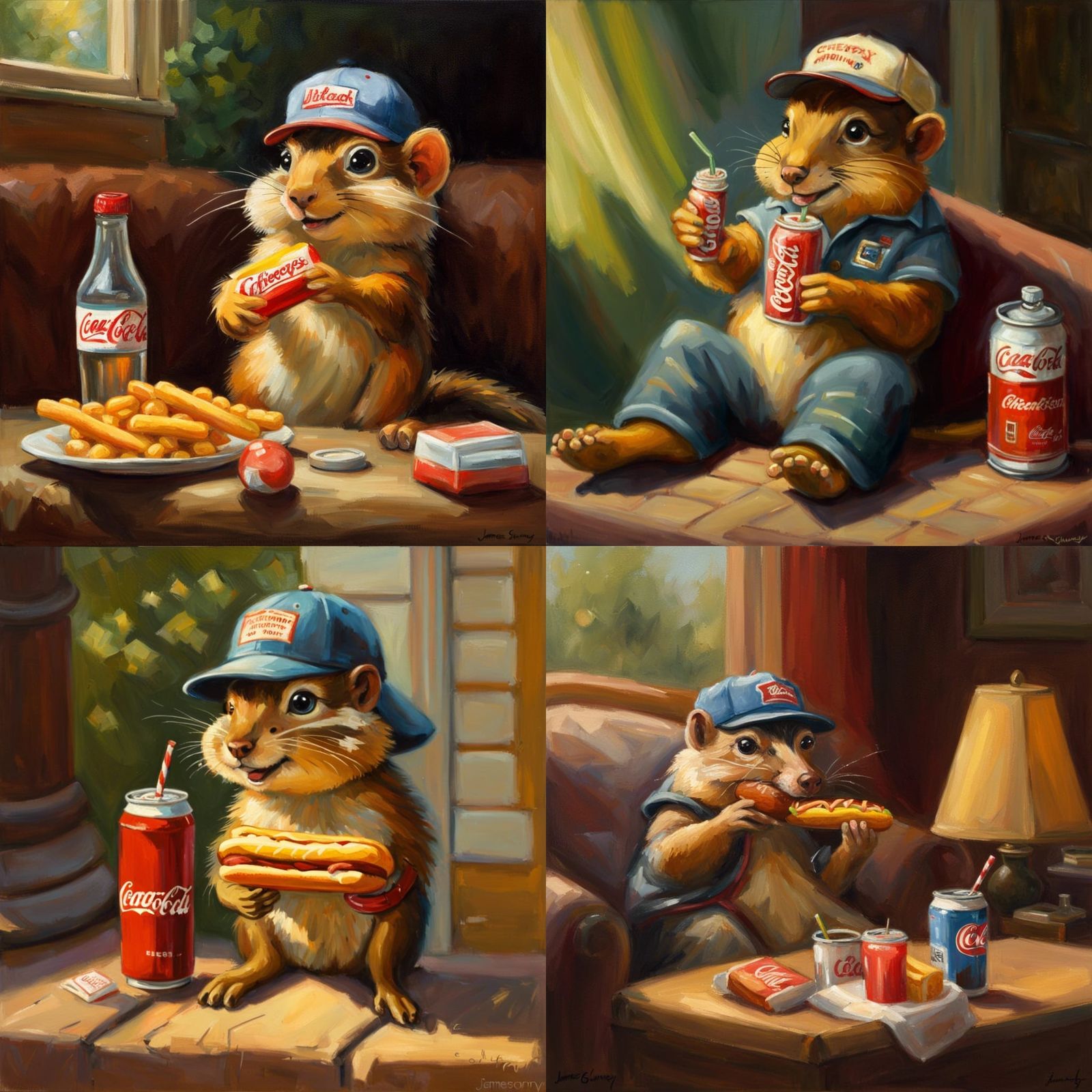 Chimpmunk.watch TV eating cheetoes a hot dog and drinking a coke.