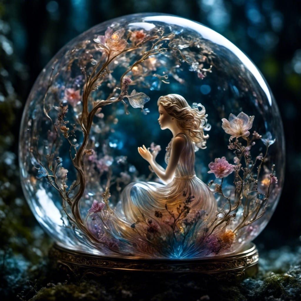 Starlight Fantasy: Woman Trapped in Iridescent Glass Orb