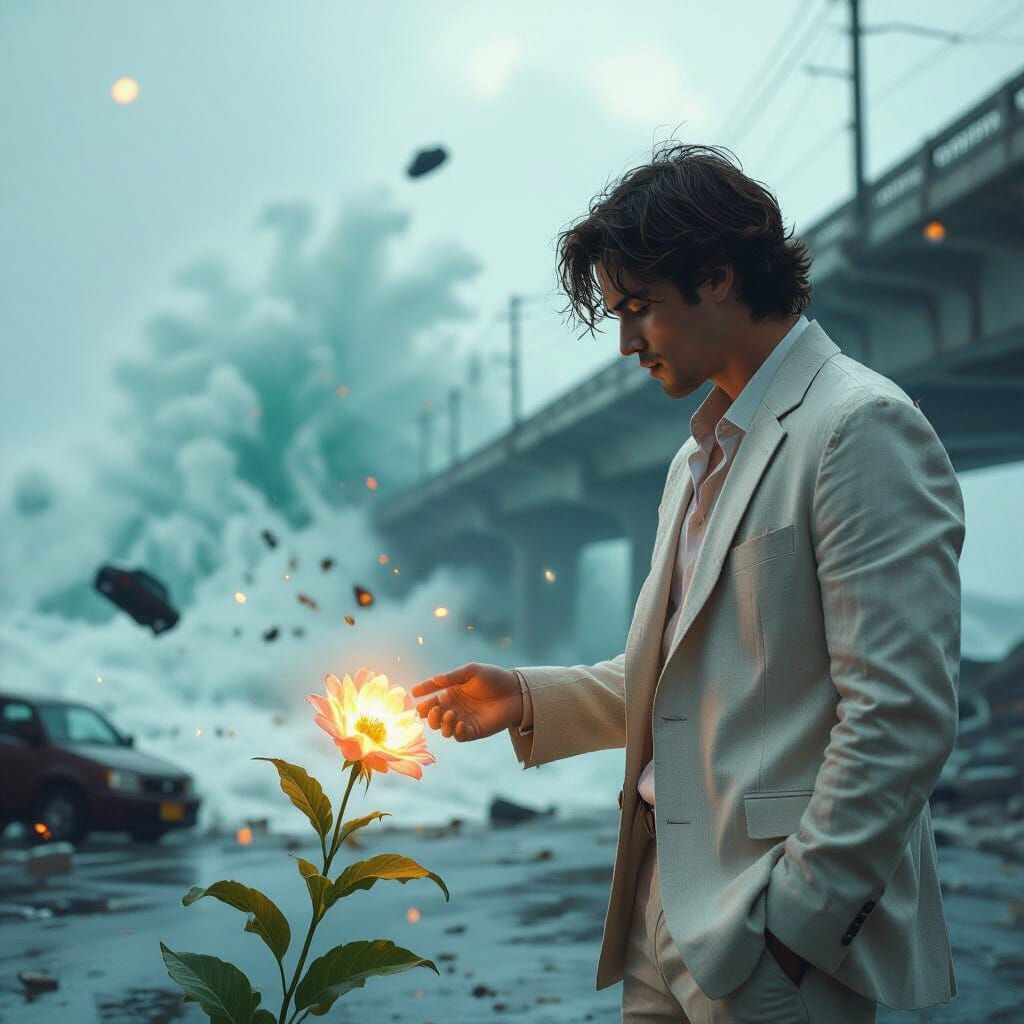 Surreal Man with Flower Amidst Destruction
