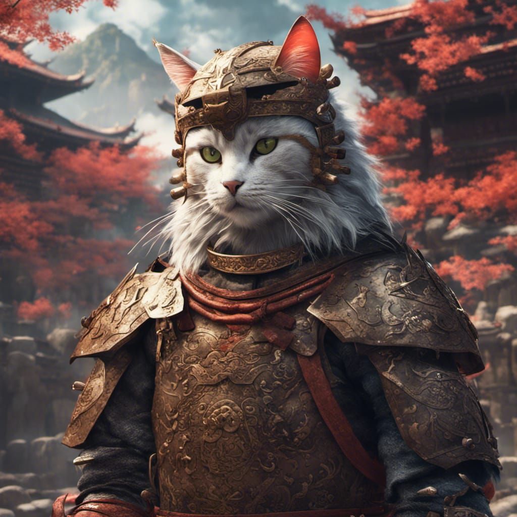 Cat Warrior Prepares for Battle in Ancient Japan