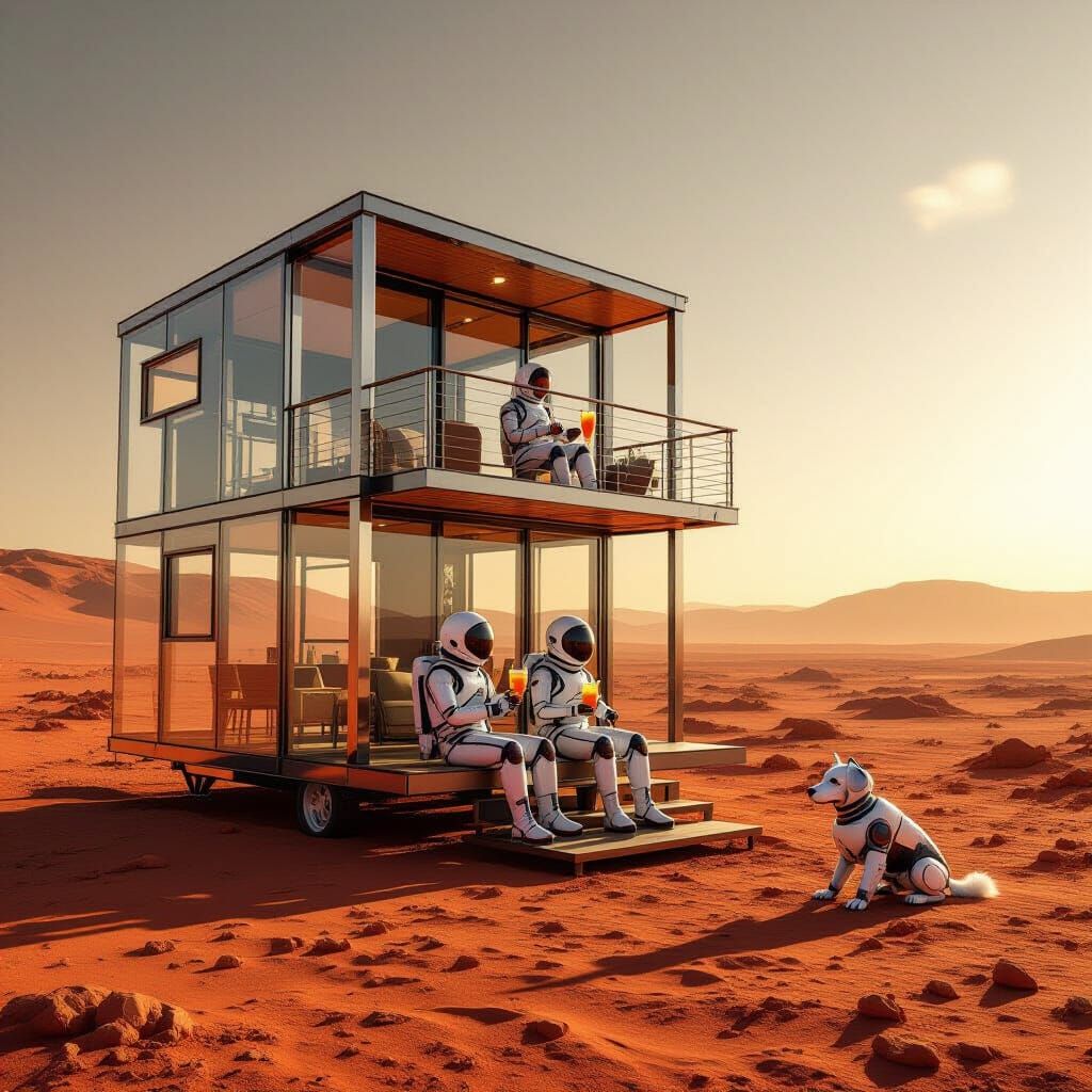 Mars Tiny House With Couple and Robot Dog