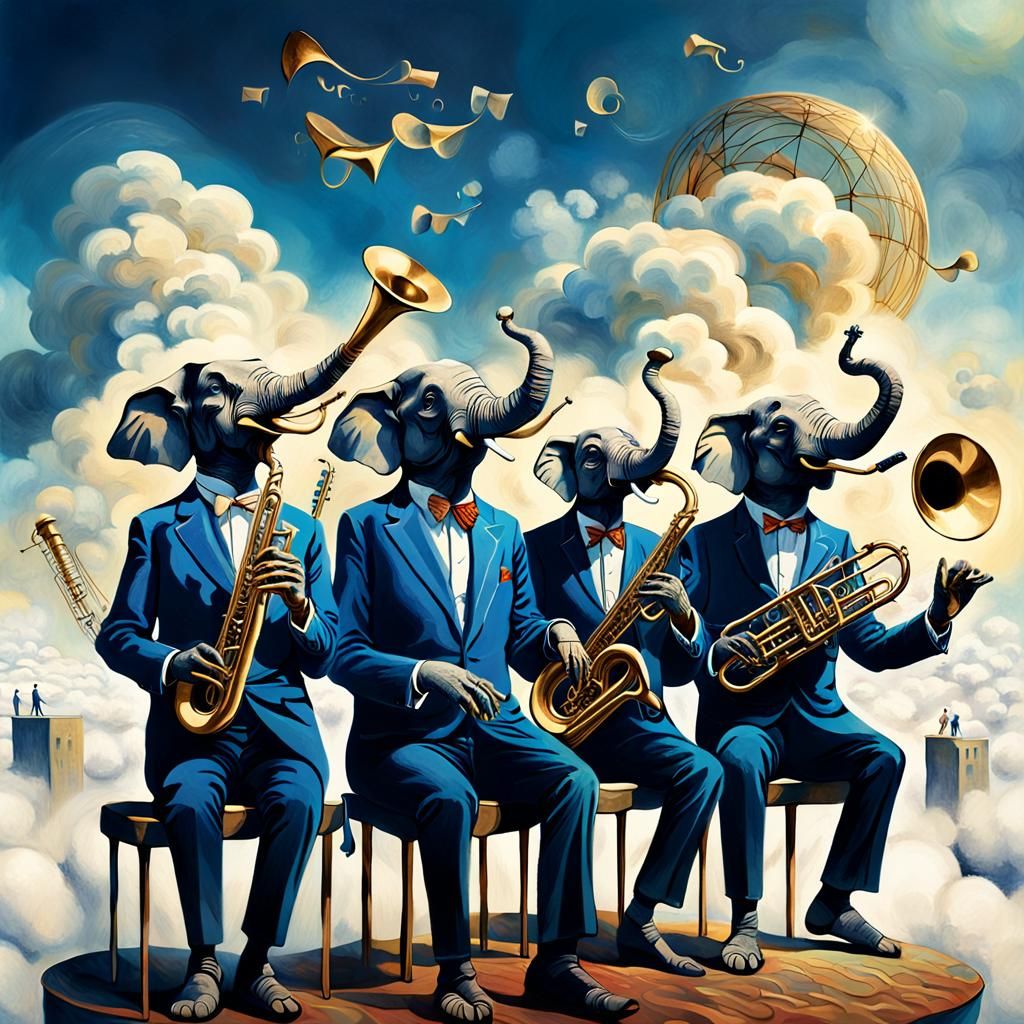 Elephant Jazz Band in Surreal Cloudscape, Digital Art