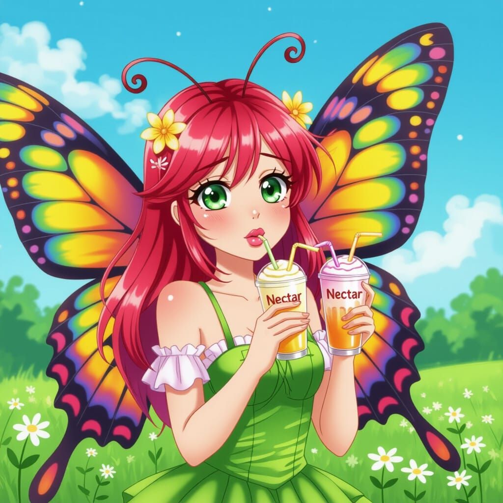 Anime Butterfly Tastes Nectar Shakes with Confused Expressio...