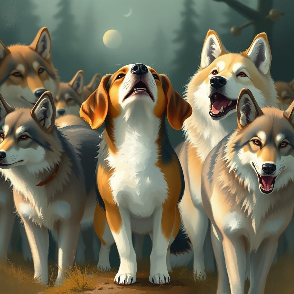 Chubby Beagle Wolf Hybrid Howls with Pack in Whimsical Lands...