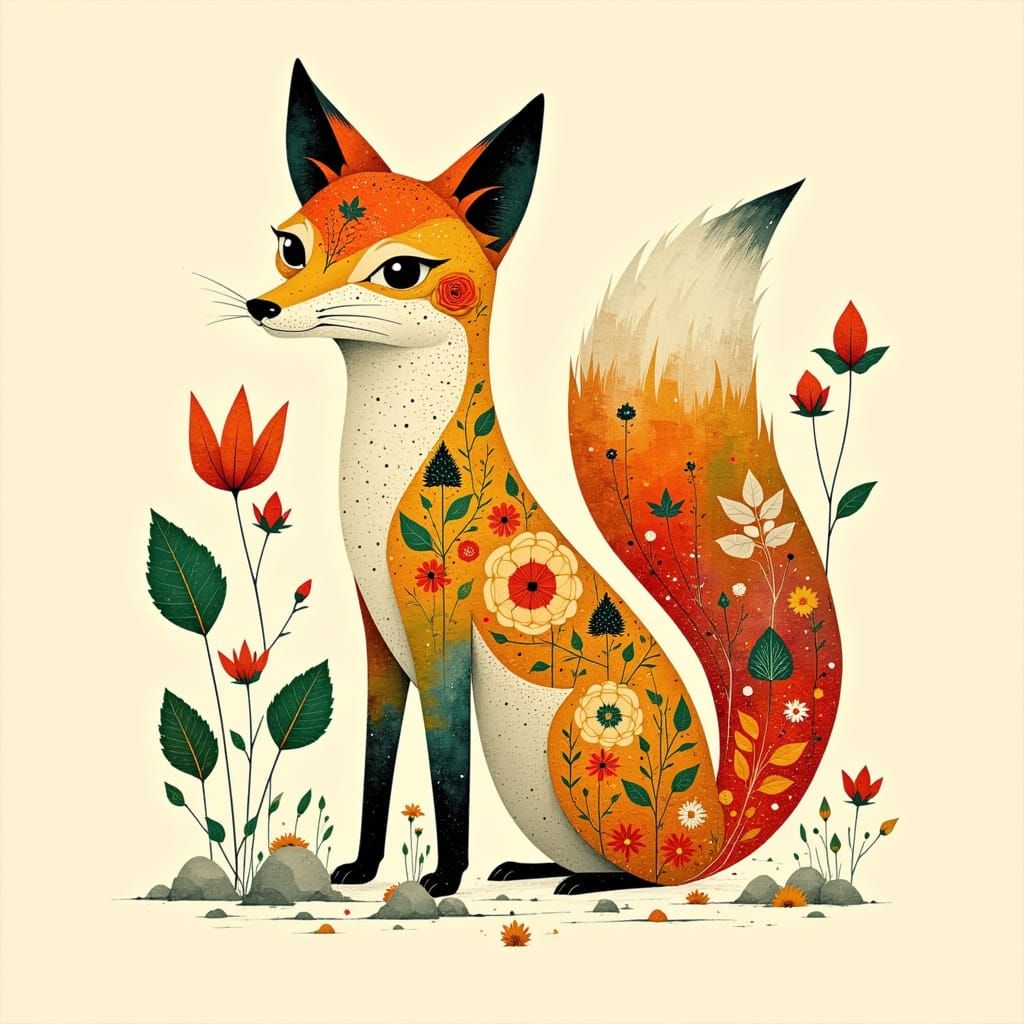 Scandinavian Folk Art Fox in Whimsical Nordic Style