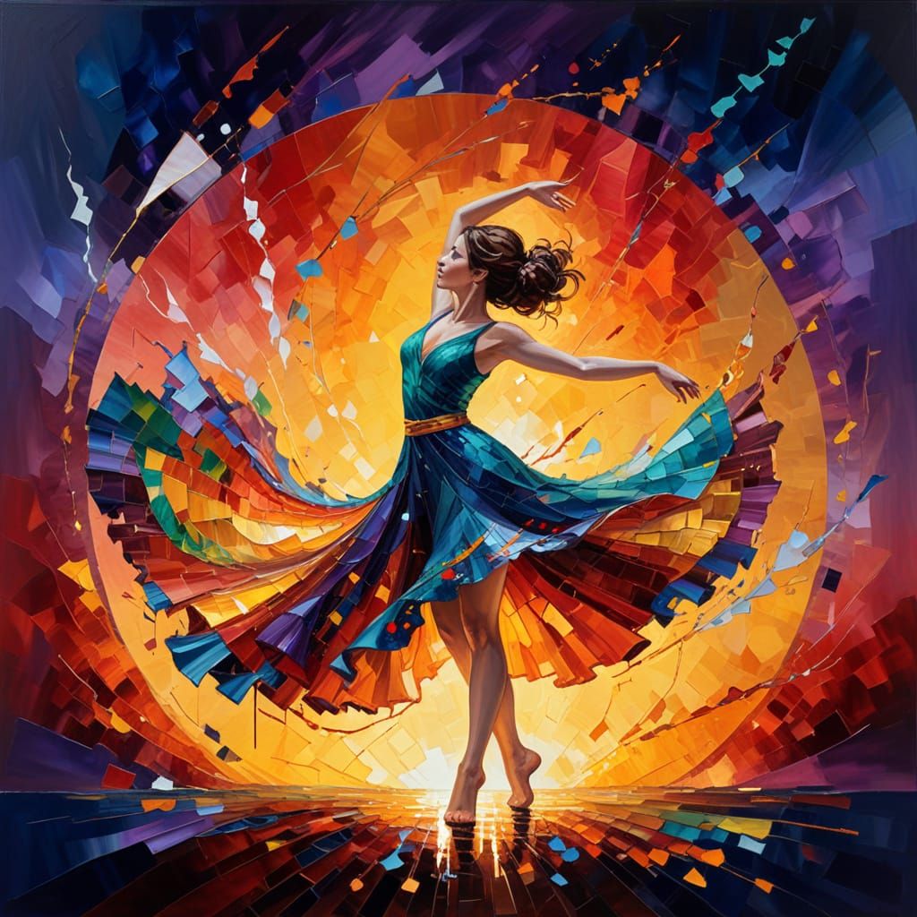 (woman dancing:1.5), Leonid Afremov and Gerrit van Honthorst, silver dominant, hues of ocher, carmine, malachite, opal, ...
