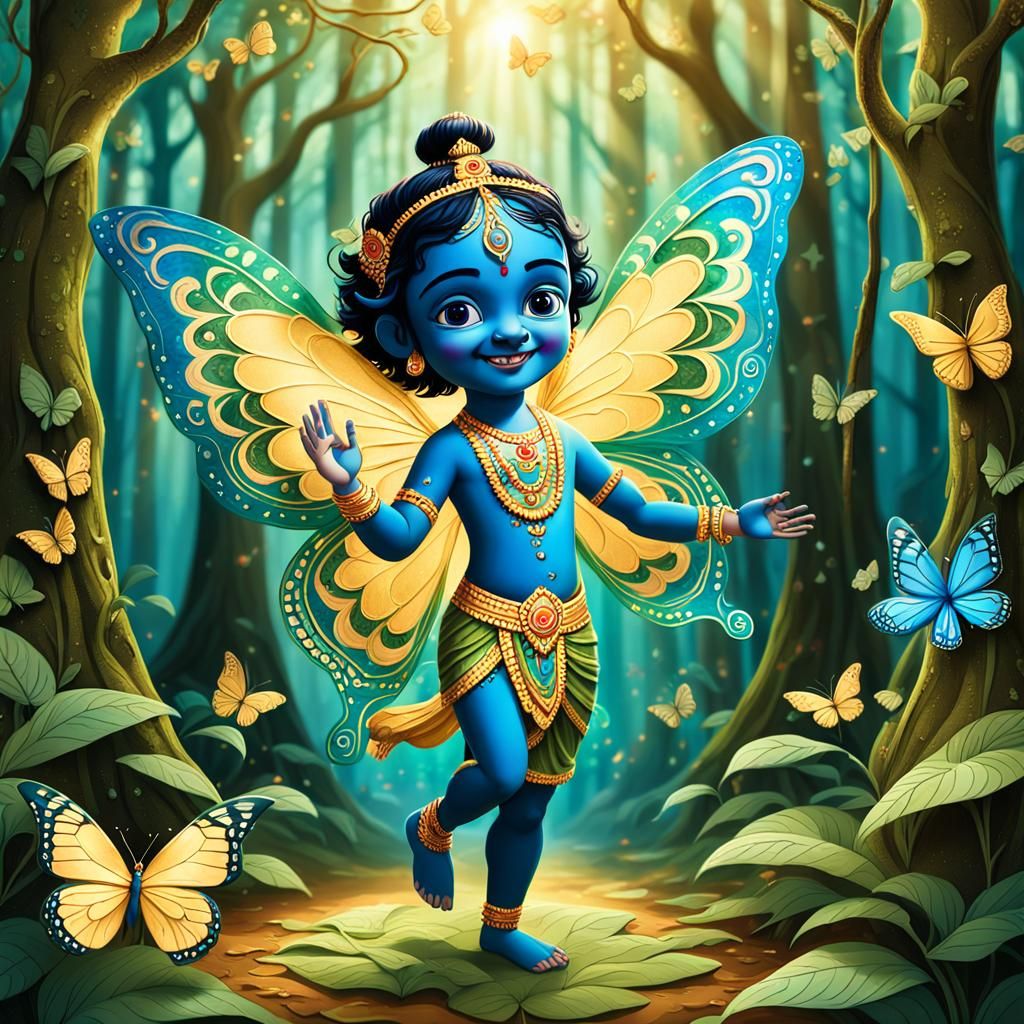 Krishna Dances with Butterflies: Vibrant Hindu Folk Art