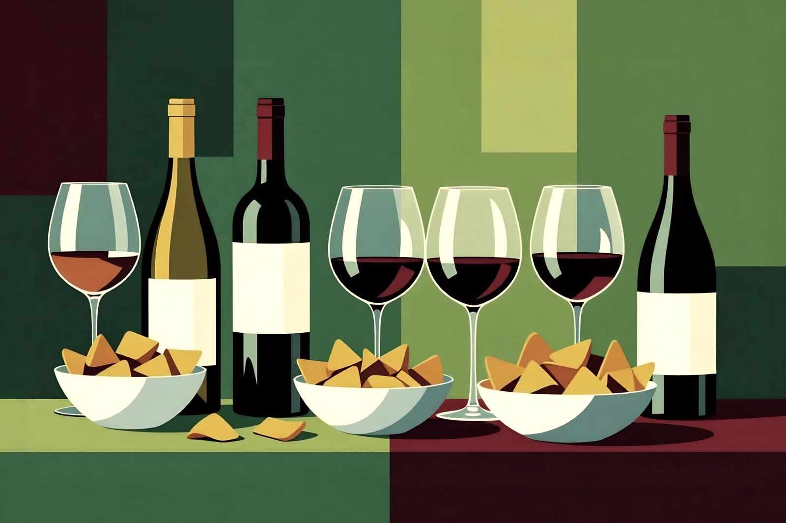 Acrylic Vector Art of Wine Glasses, Bottles, and Snacks