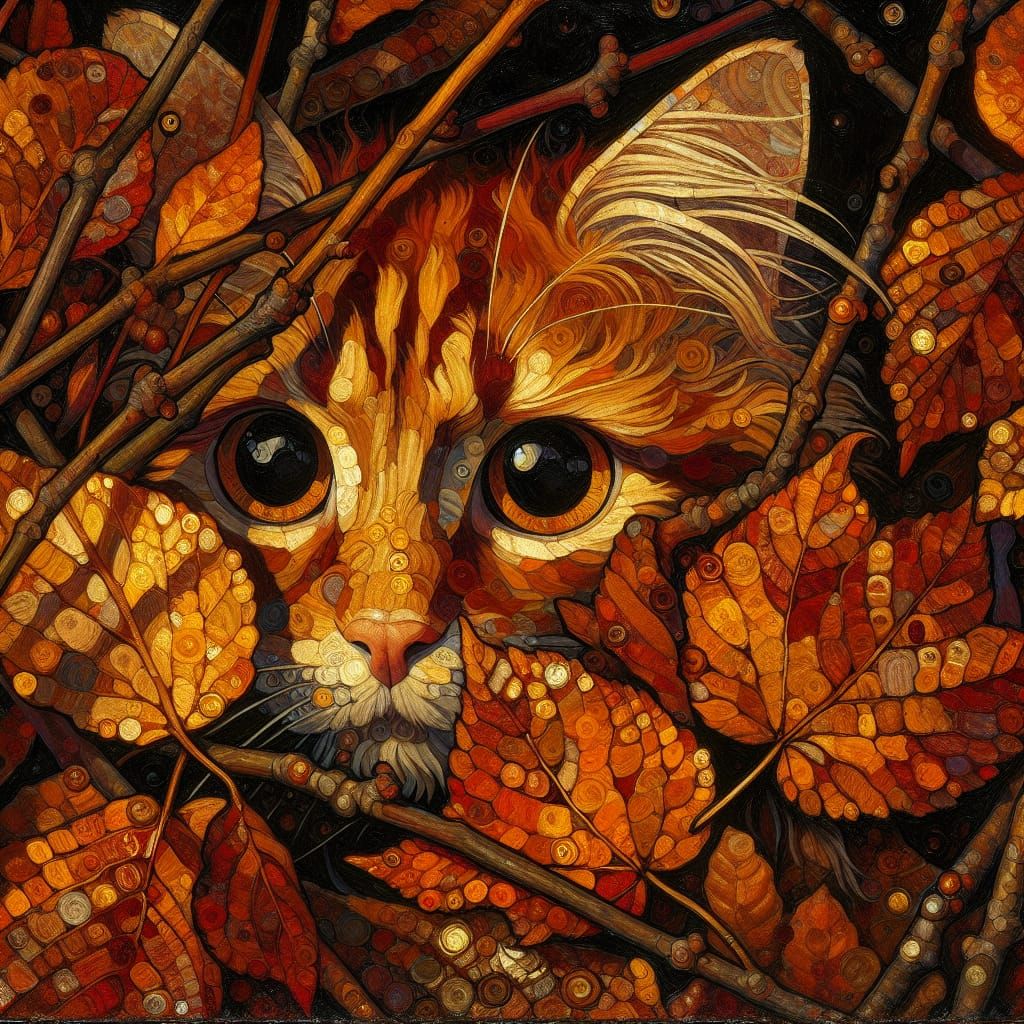 Ginger Cat Hiding in Autumn Leaves, Klimt Impressionism