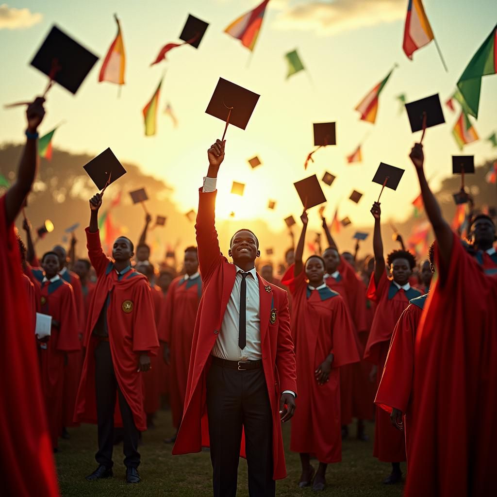 African Graduates Celebrate in Savanna Sunset