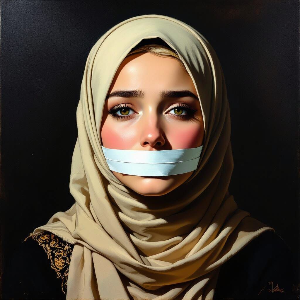 Distressed Hijabi Woman With Taped Mouth in Dramatic Light