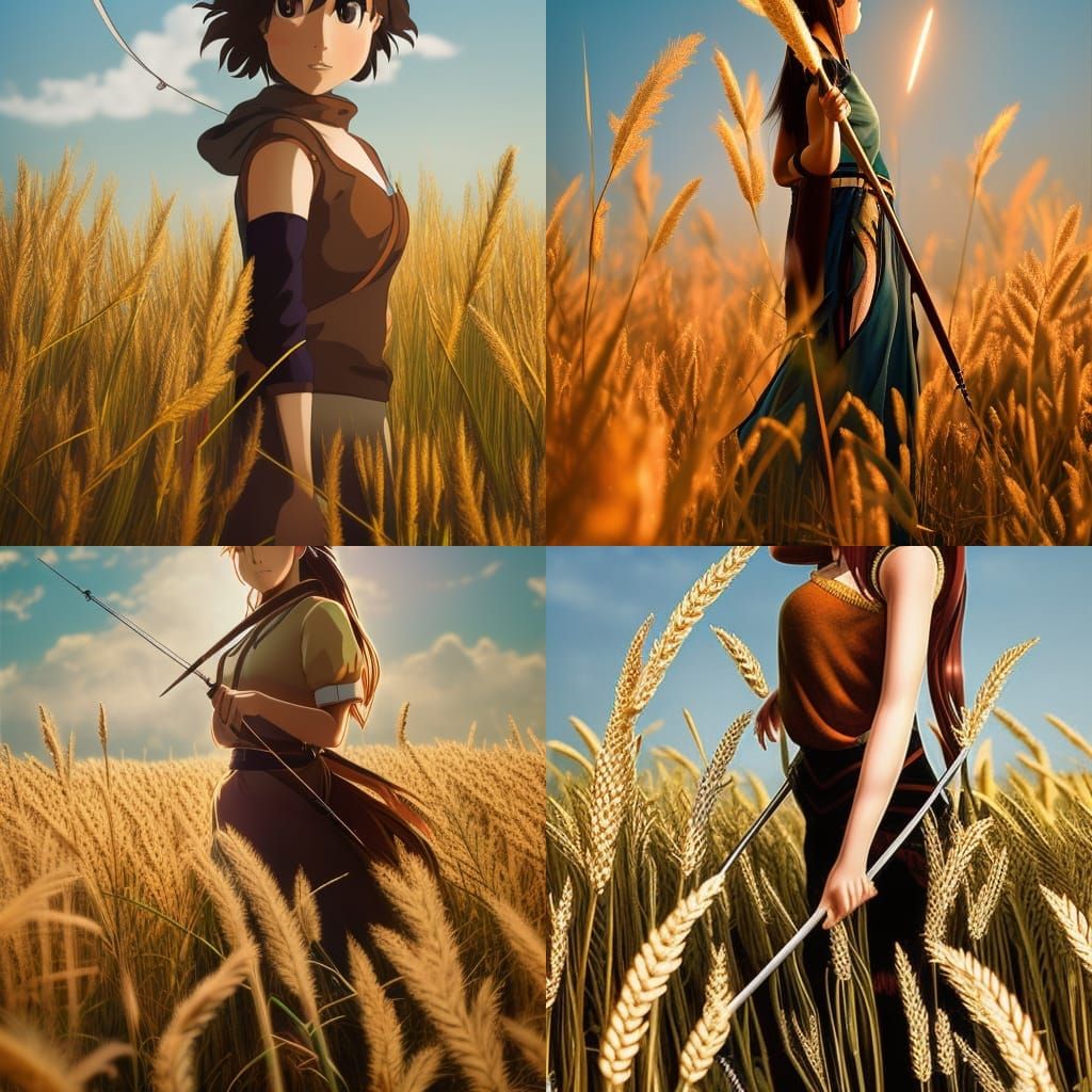 Female Archer in Wheat Field: Studio Ghibli Anime